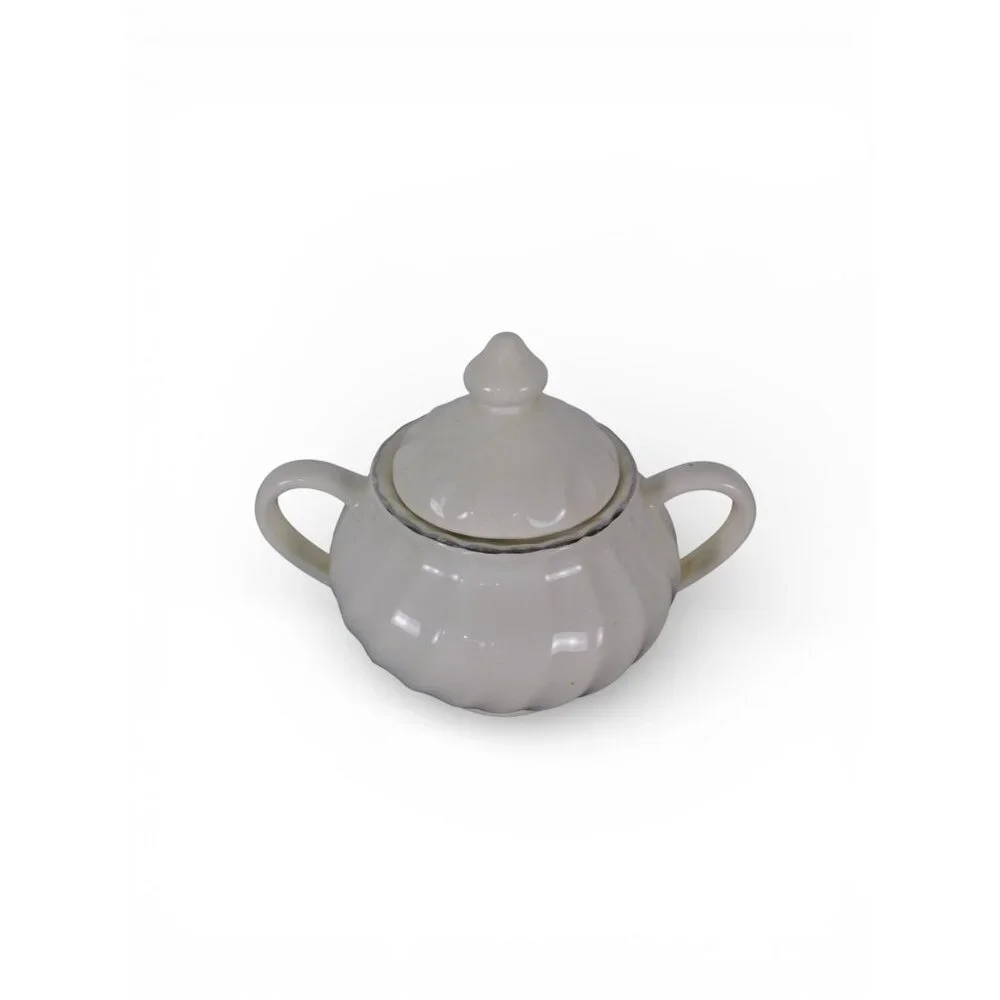 Vintage White Ceramic Sugar Bowl w Lid Double Handle Scalloped